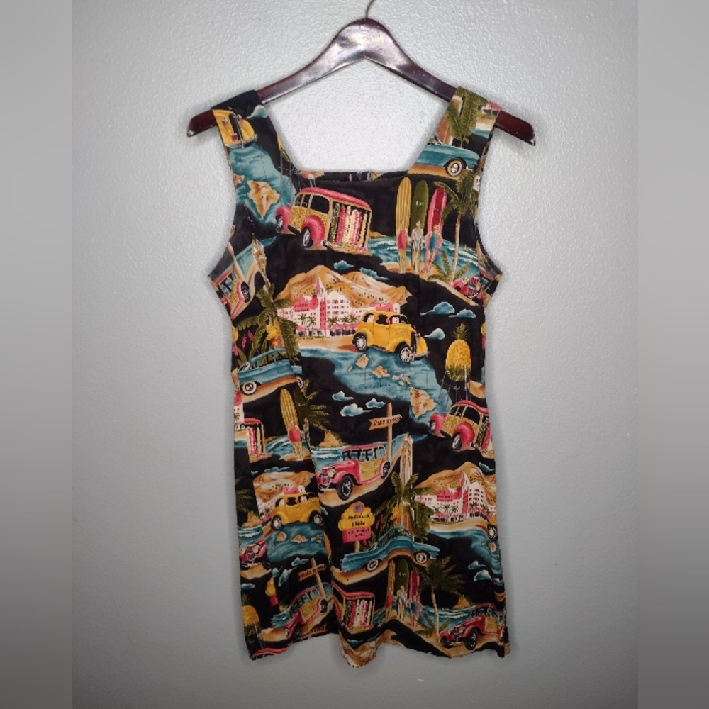 Vintage Shannon Marie Hawaiian Mini Dress Cars Surf Sleeveless Palm A
